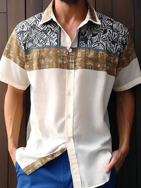 Wiaofellas New Hawaiian Beach Resort Shirt Short Sleeve Cardigan Shirt Men's Cuff Front Contrast Polo Neck Shirt Fashion and Handsome Top