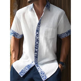 Wiaofellas New Hawaiian Beach Resort Shirt Short Sleeve Cardigan Shirt Men's Cuff Front Contrast Polo Neck Shirt Fashion and Handsome Top