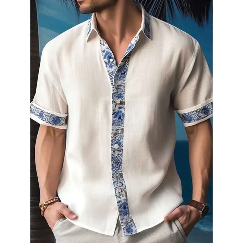 Wiaofellas New Hawaiian Beach Resort Shirt Short Sleeve Cardigan Shirt Men's Cuff Front Contrast Polo Neck Shirt Fashion and Handsome Top