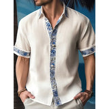Wiaofellas New Hawaiian Beach Resort Shirt Short Sleeve Cardigan Shirt Men's Cuff Front Contrast Polo Neck Shirt Fashion and Handsome Top