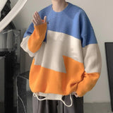 Wiaofellas New Trend Ins Hong Kong Style Contrast Color Thickened Sweater Men's Korean Version Trend Patchwork Sen Style Knit Shirt