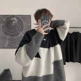 Wiaofellas New Trend Ins Hong Kong Style Contrast Color Thickened Sweater Men's Korean Version Trend Patchwork Sen Style Knit Shirt