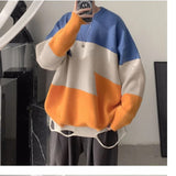 Wiaofellas New Trend Ins Hong Kong Style Contrast Color Thickened Sweater Men's Korean Version Trend Patchwork Sen Style Knit Shirt