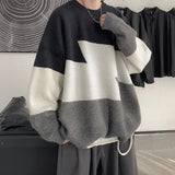 Wiaofellas New Trend Ins Hong Kong Style Contrast Color Thickened Sweater Men's Korean Version Trend Patchwork Sen Style Knit Shirt