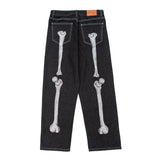 Wiaofellas Retro Skull Hand Bone Embroidery Washed Mens Jeans Pants Vibe Style Straight Casual Oversize Denin Trousers Streetwear