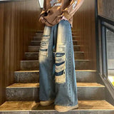 Wiaofellas Ripped Jeans Men's Summer High Street Retro Loose Straight High Waist Denim Mopping Raw Edge Wide Leg Pants Cowboy Trousers