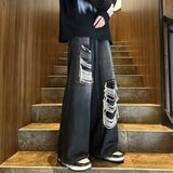 Wiaofellas Ripped Jeans Men's Summer High Street Retro Loose Straight High Waist Denim Mopping Raw Edge Wide Leg Pants Cowboy Trousers