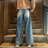 Wiaofellas Ripped Jeans Men's Summer High Street Retro Loose Straight High Waist Denim Mopping Raw Edge Wide Leg Pants Cowboy Trousers
