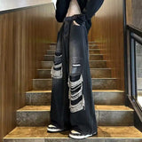 Wiaofellas Ripped Jeans Men's Summer High Street Retro Loose Straight High Waist Denim Mopping Raw Edge Wide Leg Pants Cowboy Trousers