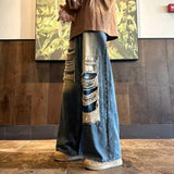 Wiaofellas Ripped Jeans Men's Summer High Street Retro Loose Straight High Waist Denim Mopping Raw Edge Wide Leg Pants Cowboy Trousers
