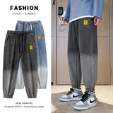 Wiaofellas New men's trousers loose casual pants tide brand gradient jeans fashion elastic waist drawstring nine-point pants punk pants
