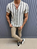 Wiaofellas Men's Casual  Slim Fit Beige Striped Cotton Shirt Comfortable Shirt, Fashionable Shirt Breathable Shirt Summer Shirt Casual Wear