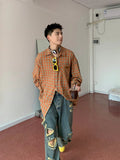 Wiaofellas Holocene American trendy Korean version orange plaid shirt Men's long sleeved loose and versatile lazy coat streetwear