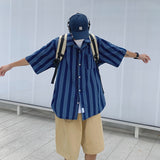 Wiaofellas Summer Blue Denim Shirt Men Fashion Retro Pocket Striped Shirts Mens Streetwear Korean Loose Denim Short Sleeved Shirt Men M-2XL