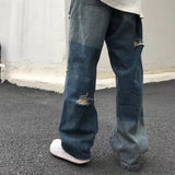 Wiaofellas Men Ripped Wide-leg Jeans Women's Fashion Retro Baggy Harajuku Jeans Hip Hop High Street Casual Wild Loose Wide-leg Trousers