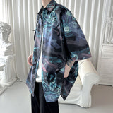 Wiaofellas Summer Short Sleeve Shirt Men Fashion Oversized Ice Silk Shirt Men Streetwear Loose Print Ice Silk Shirts Mens Hawaiian Shirt