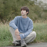 Wiaofellas Autumn And Winter Men's Sweater Retro Solid Color Casual Pullover Student Knitted Sweater Tidal Current Men's Gray Blue Black