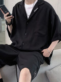 Men's Khaki Shirt Suit Elegant Vintage Short-sleeved Shirt Grunge Mature Patch Design Shorts Korean Fashion Two Piece Set Summer