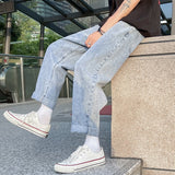 Wiaofellas Solid color straight leg jeans for men Korean version trend loose and simple casual cropped pants A080-9231-P30