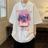 Wiaofellas Korean Style Large Size Men T-shirts Summer Coconut Tree Pattern Short Sleeve Round Neck Tops Vintage Male Tee Shirts