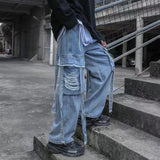 Wiaofellas Men's Loose Wide Leg Pants Ribbon Streetwear Casual Pants Retro Oversized Jeans Fashion Trend Blue/black Trousers M-2XL
