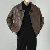 Wiaofellas Men's Vintage Korean PU Leather Streetwear Jacket Lapel Collar Casual Loose Short Coat Fashion Trend Outerwear Size M-2XL