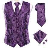 Wiaofellas 20 Color Silk Men's Vests and Tie Business Formal Dresses Slim Vest 4PC Hanky Cufflinks for Suit Blue Paisley Waistcoat