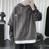 Wiaofellas Fake two-piece fashion hoodie men spring and autumn plaid stitching hooded jacket Korean clothes Harajuku hoodies for men