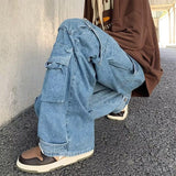 Wiaofellas Multi-Pocket Washed Cargo Pants Men Y2K New Retro High Street Fashion High Waist Jeans Couple Harajuku Casual Wide Leg Pants Men