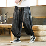 Wiaofellas Summer Thin Ice Silk Sport Pants Men's China-Chic Dragon Print Sweatpants Wide Leg Hiphop Elastic Waist Design Niche Harem Pants