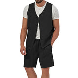 Wiaofellas Summer Mens Cotton Linen Two Piece Vintage Sleeveless Button Vest Shirts And Casual Shorts Suits Men Leisure Solid Color Outfit