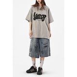 Wiaofellas Harajuku Graffiti Print Cropped Pants Men And Women High Street Loose Casual Wide-leg Over-the-knee Shorts Cropped Jeans