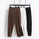 Wiaofellas Summer Ice Silk Ultra-thin Men's Casual Suit Pants 2023 Fashion Zipper Beam Feet Street Harem Ankle Length Trousers Black White