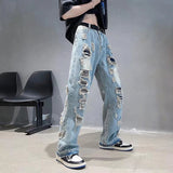 Wiaofellas Fashion Hip-hop Washed Hole Loose Straight Jeans Men's New High Street Temperament Commuter All-match Casual Pants