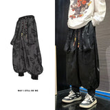 Wiaofellas Summer Thin Ice Silk Sport Pants Men's China-Chic Dragon Print Sweatpants Wide Leg Hiphop Elastic Waist Design Niche Harem Pants