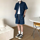 Wiaofellas Summer Blue Denim Set Men Fashion Oversized Short Sleeved Shirt/shorts Two-piece Mens Streetwear Korean Loose Short Sets Men