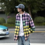 Wiaofellas Men's Gradient Color Pure Cotton Lattice Printing Long Sleeve Shirt Casual Fashion Trend Lapel Collar Loose Shirts Big Size