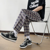 Wiaofellas Summer Thin Casual Pants Men Fashion Purple Black Retro Plaid Pants Men Streetwear Hip-hop Loose Straight Pants Mens Trousers