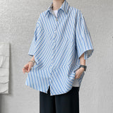 Wiaofellas Summer Men's Fashion Trend Stripe Printing Short Sleeve Shirts Lapel Collar Blue/Black Color Clothes Shirts M-XL