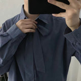 Wiaofellas Men's Blue Color Send Tie Long Sleeves Shirts Korean Style Retro Fashion Trend Casual High-quality Shirts Plus Size S-2XL