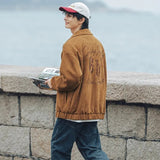 Wiaofellas Artificial Texture Suede Jackets Men Spring Autumn Lapel Single Breasted Embroidery Windproof Sports Jacket Motorcycle Jacket