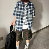 Wiaofellas Y2K Red Blue Color Match Plaid Patchwork Baggy Summer Shirts Unisex Short Sleeve Pockets Irregular Hem Casual Tank Tops Oversize