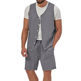 Wiaofellas Summer Mens Cotton Linen Two Piece Vintage Sleeveless Button Vest Shirts And Casual Shorts Suits Men Leisure Solid Color Outfit