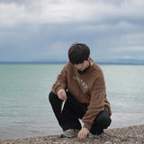Wiaofellas Spring Men's Hoodie 360G Letter Embroidery Color Round Neck Pullover Loose Tide Brand Couple Style Top Dark Gray, Brown
