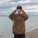 Wiaofellas Spring Men's Hoodie 360G Letter Embroidery Color Round Neck Pullover Loose Tide Brand Couple Style Top Dark Gray, Brown