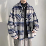 Wiaofellas Men's Fashion Woolen Plaid Shirt Jacket Autumn And Winter Ins Trend Loose Lapel Long-sleeved Button Shirt Vintage Shirt