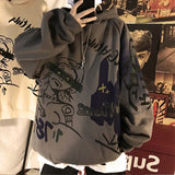 Wiaofellas Autumn and winter Korean style trend plus fleece hooded sweater men graffiti hip-hop all-match loose printed coat couple sweater