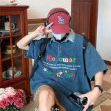 Wiaofellas Extra Large 150kg Summer Men's Vintage Colorful Letter Embroidered Denim T-shirt Loose Short Sleeves Blue Cowboy Tshirt