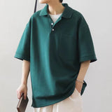 Wiaofellas Summer Men's Japanese Style Vintage Solid Color T-shirts Loose Casual Lapel Collar Short Sleeve Tshirt High-quality T Shirt
