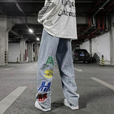 Wiaofellas Summer American retro three-dimensional letter printed jeans for men's ins trendy high street explosive street straight pants